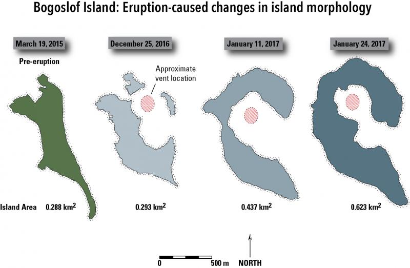 Morphologic changes in the size and shape of Bogoslof Island resulting from the eruptive activity of 2016-17 as of January 24, 2017 (Alaska Volcano Observatory / U.S. Geological Survey).