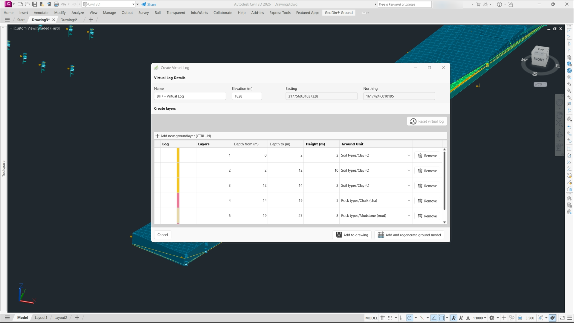Screenshot from Civil 3D featuring the creation of virtual logs with GeoDin Ground